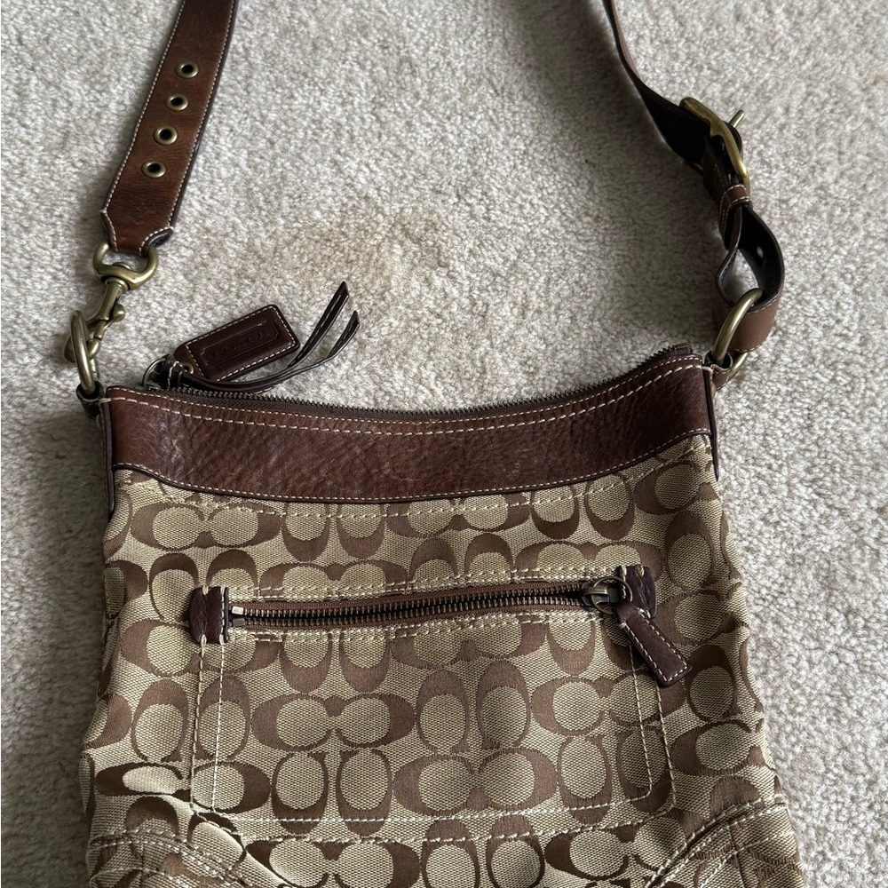 Coach Brown Leather Crossbody Bag with Signature Pattern